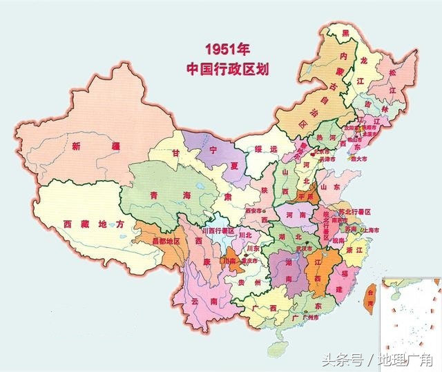 1951年中国行政地图,中国共有29省,1自治区(内蒙古),13直辖市,8行署区