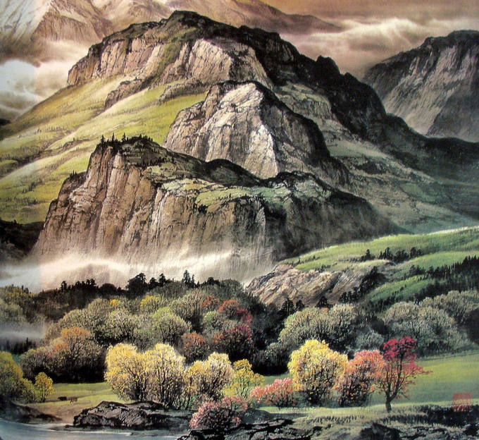 青山秀水彩墨山水画