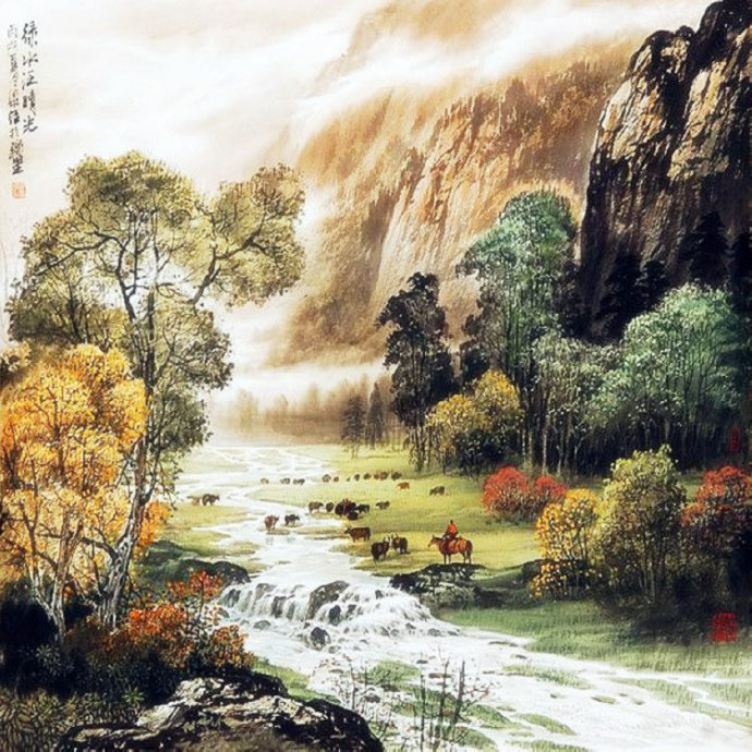 青山秀水彩墨山水画