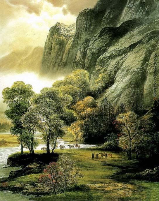 青山秀水彩墨山水画