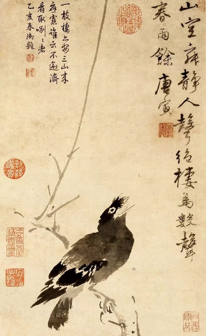 古韵遗风明唐寅古槎鸜鹆图轴