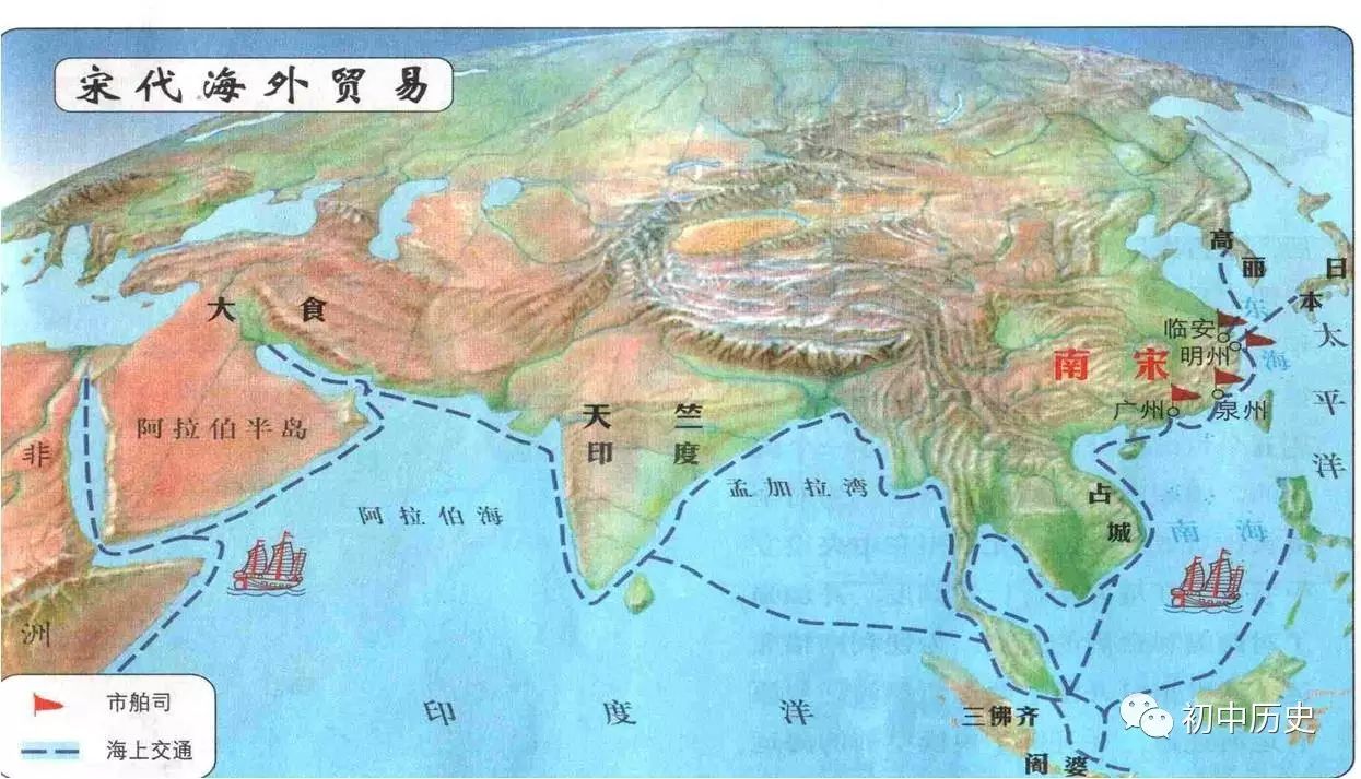 (3)海外贸易的范围:中国商船的踪迹,进至朝鲜,日本,远达阿拉伯半岛和
