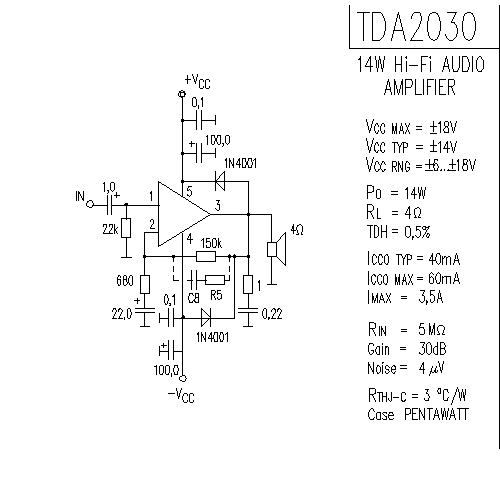 tda2030功放电路图电压±6-18v功率14w喇叭4欧 带音