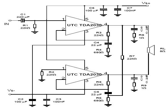 tda2030功放電路圖電壓618v功率14w喇叭4歐帶音調板