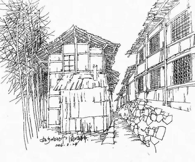 富骆麟钢笔画老房子