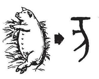 亥字的最早写法,也是猪的象形,只不过甲骨文的亥更强调猪的脊椎骨
