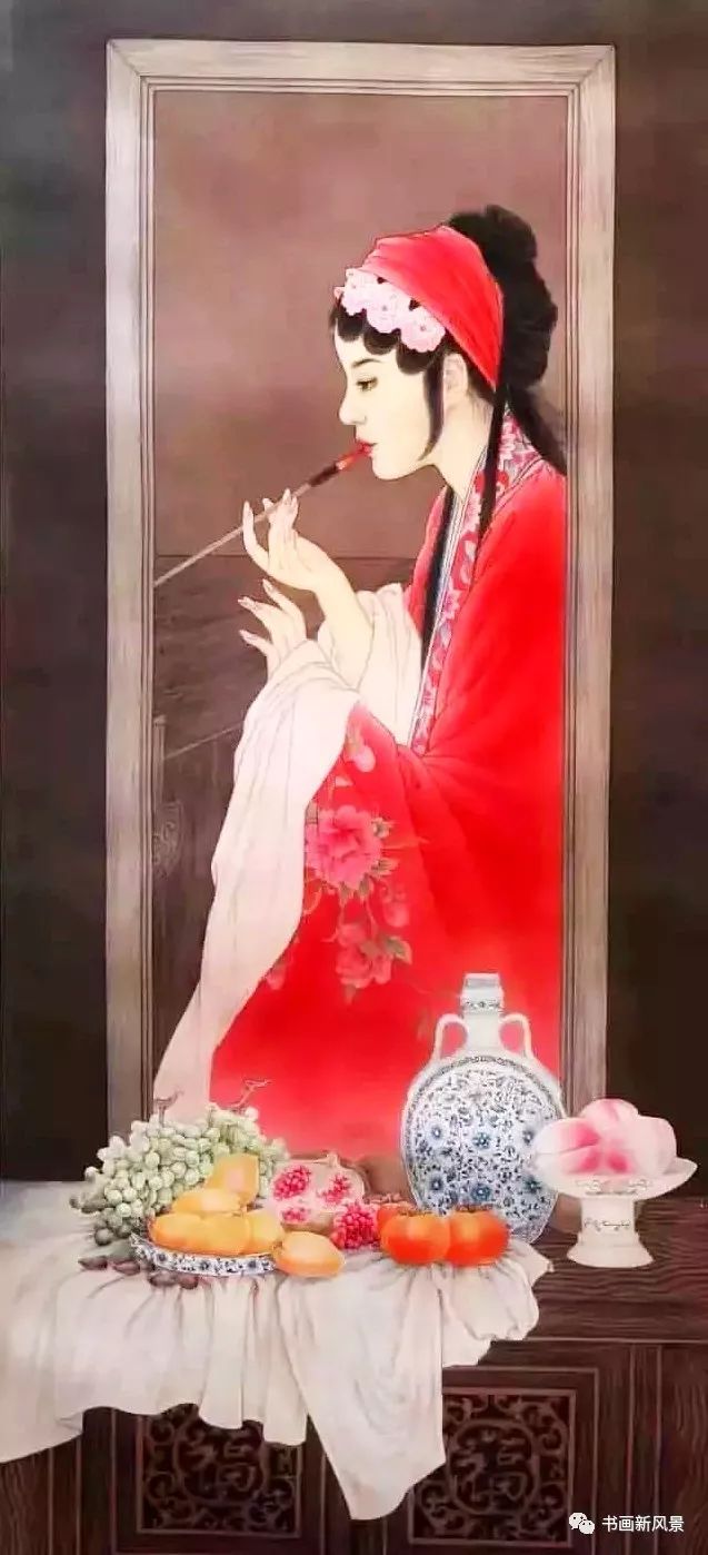 画作中的人物衣饰都以大红为主,配以多彩的民族纹饰,像双喜,蝴蝶,凤纹