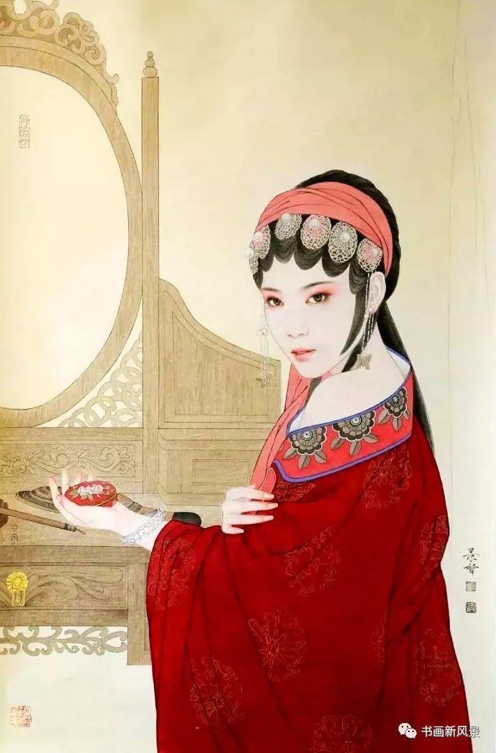 画作中的人物衣饰都以大红为主,配以多彩的民族纹饰,像双喜,蝴蝶,凤纹