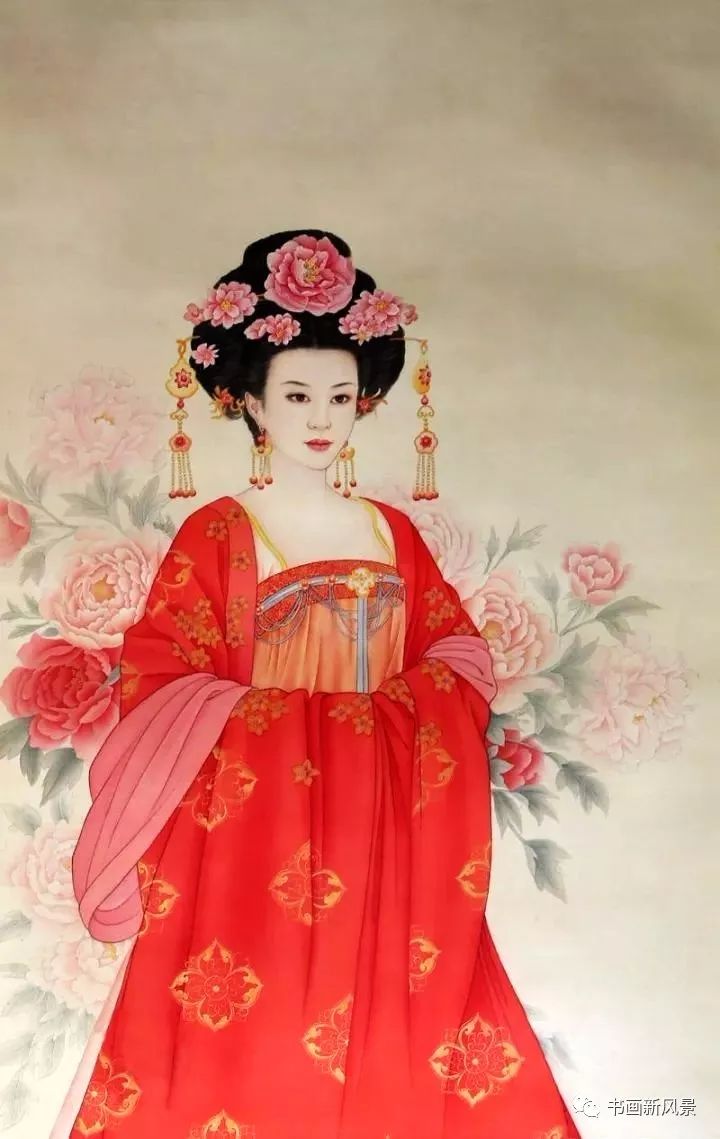 画作中的人物衣饰都以大红为主,配以多彩的民族纹饰,像双喜,蝴蝶,凤纹