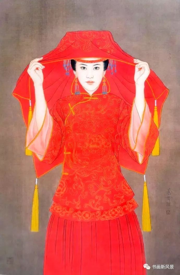画作中的人物衣饰都以大红为主,配以多彩的民族纹饰,像双喜,蝴蝶,凤纹