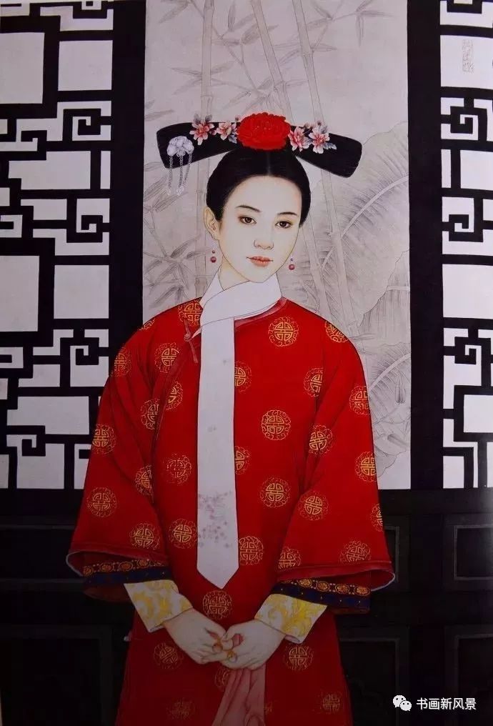 画作中的人物衣饰都以大红为主,配以多彩的民族纹饰,像双喜,蝴蝶,凤纹