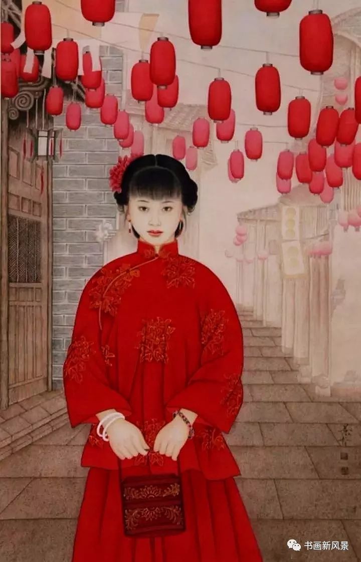 画作中的人物衣饰都以大红为主,配以多彩的民族纹饰,像双喜,蝴蝶,凤纹